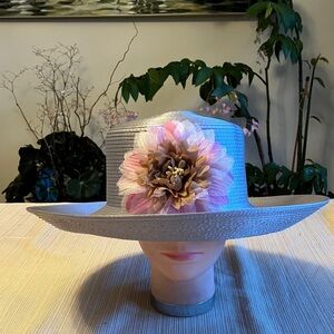 Chic Gray Satin Ribbon Wide-Brim Hat With Pink Brown Floral Accent